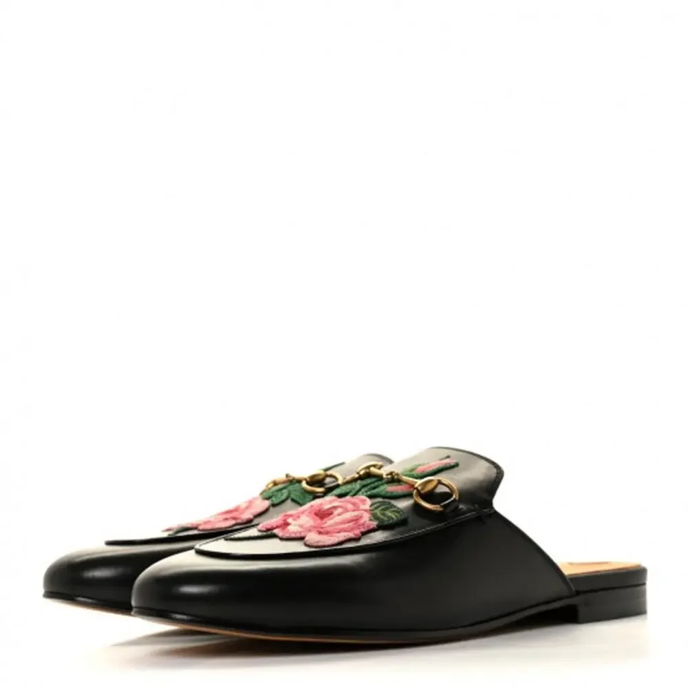 GUCCI Princetown Leather Mules Enbroidered Floral Horsebit Flats Sz. 36 NEW - Picture 5 of 12